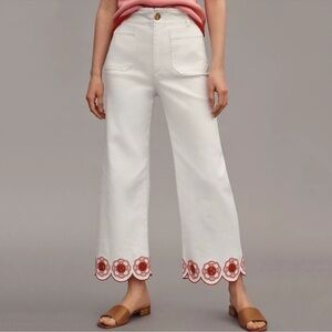 NWT Anthropologie Maeve Colette Scallop Hem Crop Wide Leg Jeans Embroidered 28